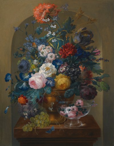 Still Life of Flowers in an Urn Together with Cut Roses in a Glass by Johann Baptist Drechsler